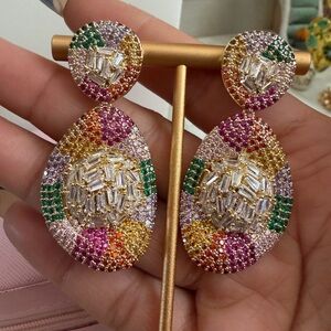 18k gold plated Multi-Color Crystal Drop Earrings - Vibrant Rainbow Statement